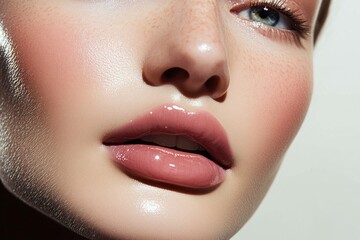 Close up of a model with dewy skin, showcasing natural beauty and glossy lips, ideal for skincare and beauty concepts in summer aesthetics