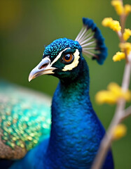 Obraz premium Close-up of a vibrant peacock with dazzling blue and green feathers, a crown-like crest, and a striking eye, set against a blurred natural background.