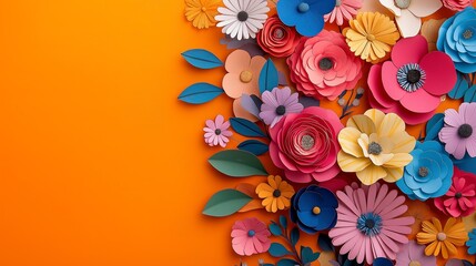 Colorful paper flowers on bright orange background for decorative purposes or crafts