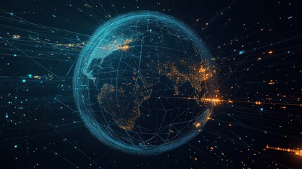 A minimalist yet futuristic interpretation of world trade, featuring a sleek digital grid forming a glowing, wireframe globe with pulsing trade nodes. 