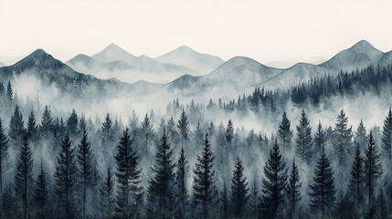 Black and gray forest with watercolor mountains on a white background, creating a sense of calm. 