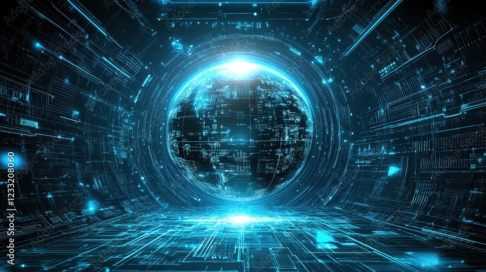 Poster digital globe inside glowing circuit tunnel. ideal for tech, ai, and global network concepts.