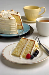 Almond Cake Delight: A delectable slice of moist almond cake, frosted with creamy frosting and adorned with fresh berries, sits invitingly on a plate alongside a whole cake and a cup of tea.  