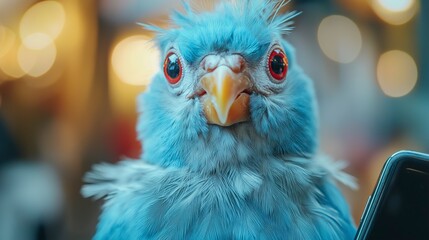 Vibrant blue bird with striking red eyes perched in a lively urban setting during a sunny afternoon