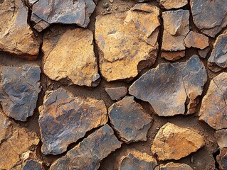 A close-up view of textured, multicolored rock fragments on the ground.