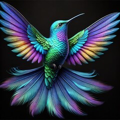 Fototapeta premium Colorful hummingbird, with colored wings on a black background. The image is photorealistic and hyperrealistic.