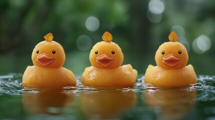 Cute rubber ducks floating in a serene pond surrounded by lush greenery during a sunny afternoon