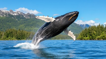 Obraz premium Majestic Humpback Whale Breaching Against Scenic Mountain Background