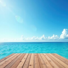 Fototapeta premium Elevated wooden platform overlooking serene blue ocean and sky , nature, clear