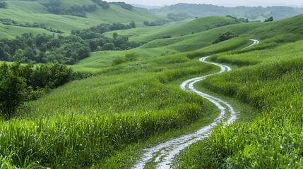 Obraz premium Winding road through green hills, summer landscape, travel