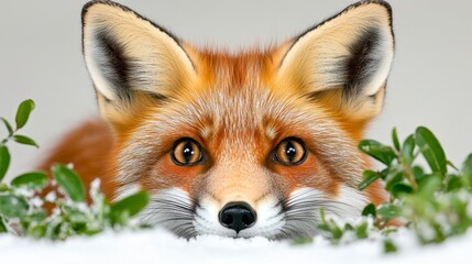 Close-Up View of a Red Fox Facing Camera Among Snow and Greenery
