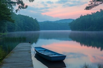 Obraz premium Blue rowboat on a calm lake at sunset surrounded by forest