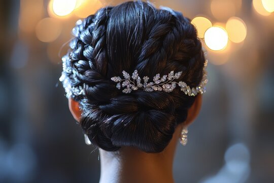 Rear view of a bride with a stylish updo hairstyle