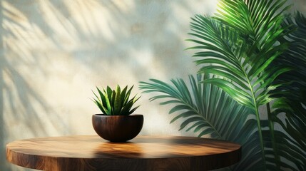 Obraz premium Green Indoor Plant on Wooden Table Surrounded by Bright Shadows