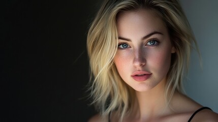 Obraz premium A woman with blonde hair and blue eyes looking at the camera.