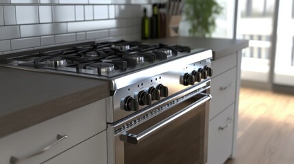 Interior of a modern kitchen with stainless steel stove and ovens