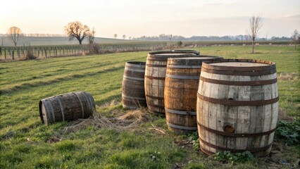 Obraz premium Distressed wooden beer barrels in a field, vines, rustic, wood, overgrown, countryside