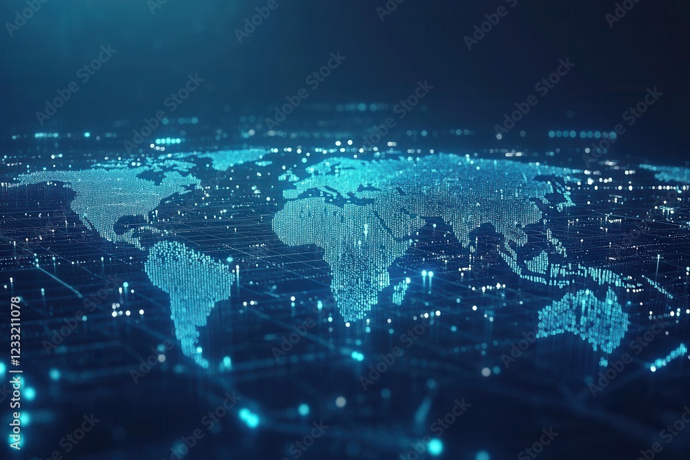 Poster global network map, digital world. illustrates global connectivity, data flow, and networking concep