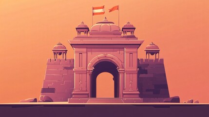 Traditional Indian Gate Temple Illustration with National Flag for Graphic Design Projects