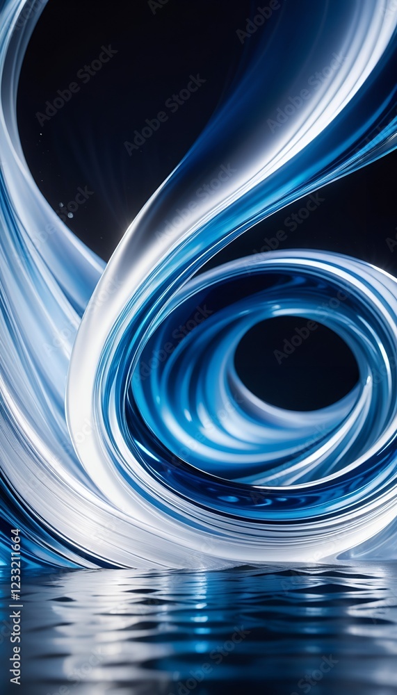 Poster swirling blue and white light forms a dynamic wave-like pattern above a reflective surface, suggesti