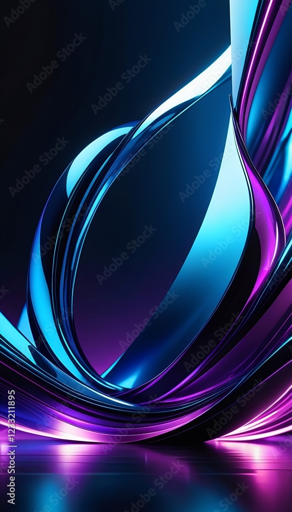 Poster abstract curves in vibrant blue and purple hues intertwine against a dark background, creating a dyn