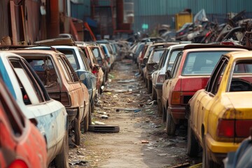 Abandoned urban parking lot with vintage cars