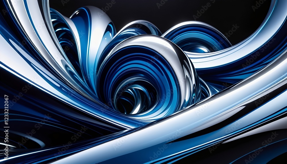 Poster abstract waves of sleek silver and deep blue intertwine against a black background, creating a dynam