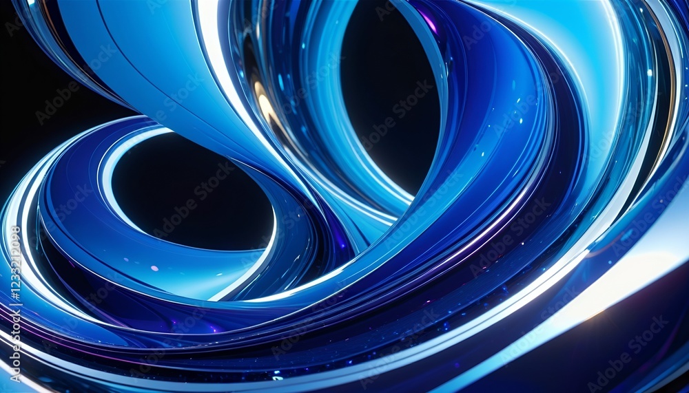 Poster abstract blue metallic swirling shapes with glossy curves, illuminated against a dark background, cr