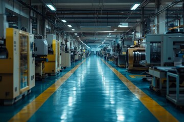 Industrial factory corridor with machines and tools
