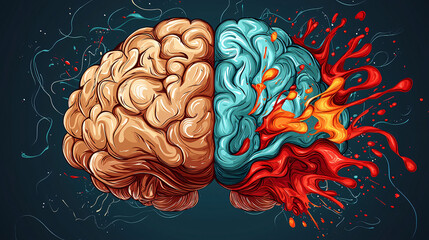 A highly detailed illustration of a human brain split into two halves, with the left side representing logic and the right side bursting with abstract paint splashes symbolizing creativity.