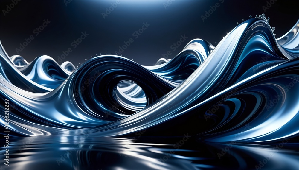 Poster abstract blue waves gracefully undulate across a reflective surface, illuminated by a soft light abo