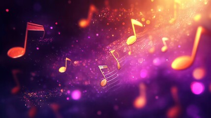 Floating musical notes on an abstract purple background with flares 3d illustration