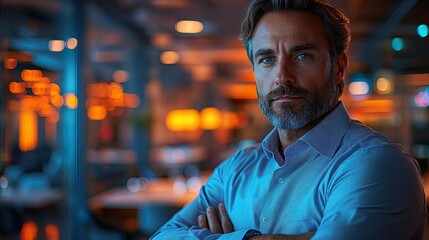 Fototapeta premium Portrait of a man in a blue shirt with arms crossed against a blurred background