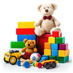 Colorful toys and teddy bears on white background; playtime fun,  childcare, education