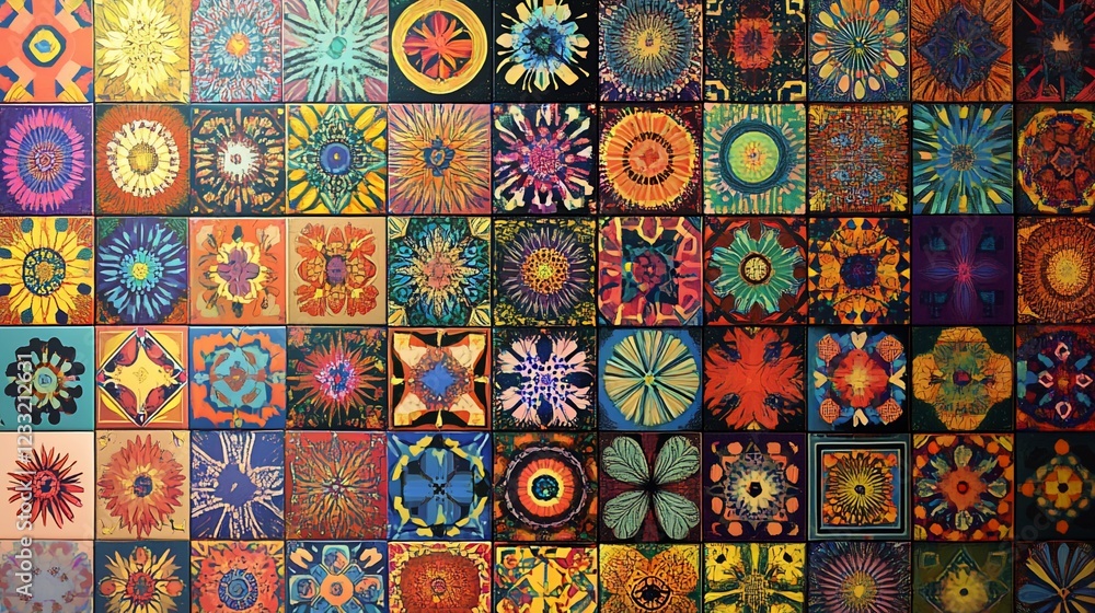 Poster colorful abstract floral patterns on square tiles creating a vibrant mosaic background