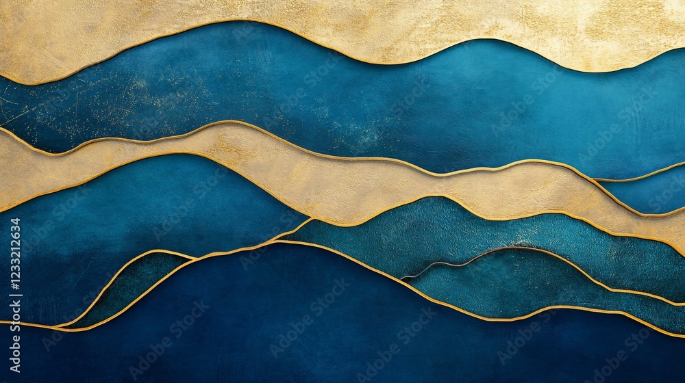 Poster abstract art of flowing gold and blue lines creating an elegant layered design