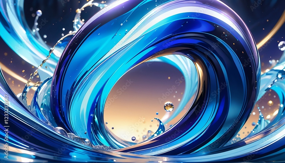 Poster a dynamic swirl of deep blue and turquoise waves, creating a flowing, abstract water design with spl