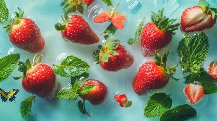 Floating strawberries, mixed with mint leaves and tiny butterflies