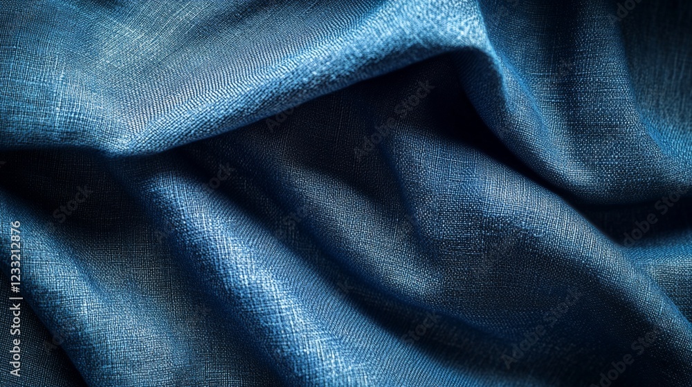 Poster close-up of a luxurious deep blue fabric texture with soft folds and intricate woven pattern