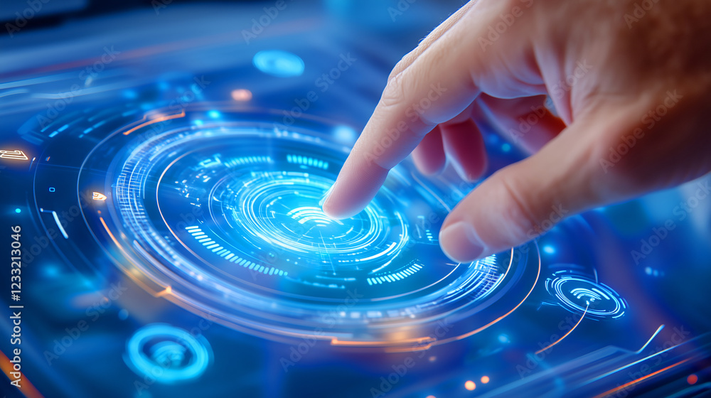 Poster touching a futuristic interactive touchscreen display