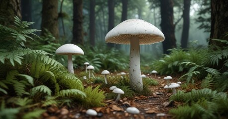 Enchanted forest setting with white mushrooms among ferns and fallen leaves, fairy tale, mystical, fantasy
