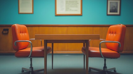Brightly colored orange chairs and a wooden table in a minimalistic blue room with framed artwork on the walls