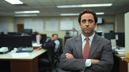 Fototapeta premium Business professional stands confidently in a modern office setting during working hours