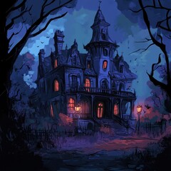 A Haunted Mansion at Dusk Under Dark Trees
