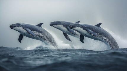 Humpback whales breach and splash in the ocean during a misty morning near the coast