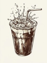Iced coffee splash, straw, cup, drink, refreshment, summer, beverage, illustration