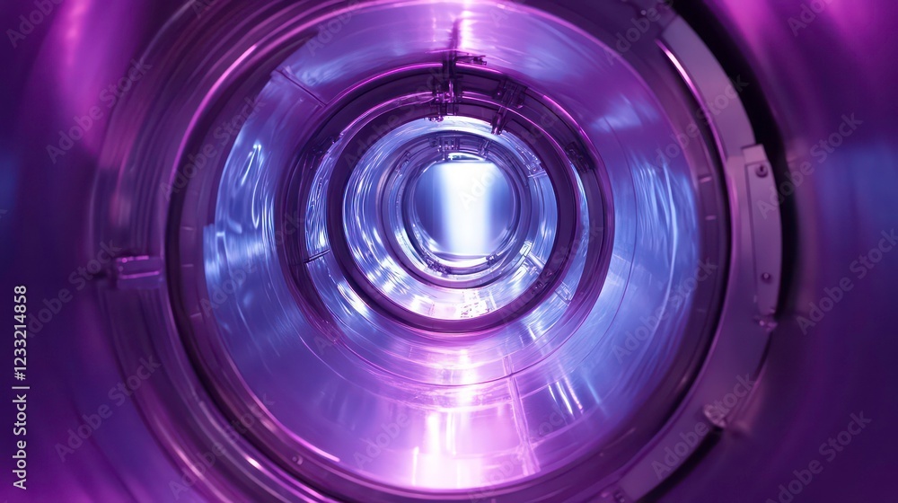 Poster futuristic metallic circular corridor illuminated by purple light source reflected in shiny walls