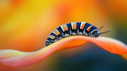 Fototapeta premium Colorful caterpillar on orange petal, garden background, nature macro