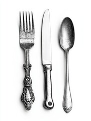 Antique silverware set, isolated, white background, elegant dining