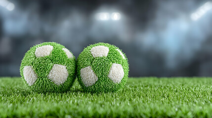 Naklejka premium Two fuzzy soccer balls on green turf, stadium lights blurred background; sports imagery